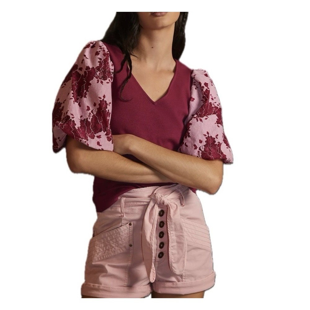 Dolan Anthropologie Medium Burgundy Floral Lace Puff Sleeve V-Neck Knit Blouse